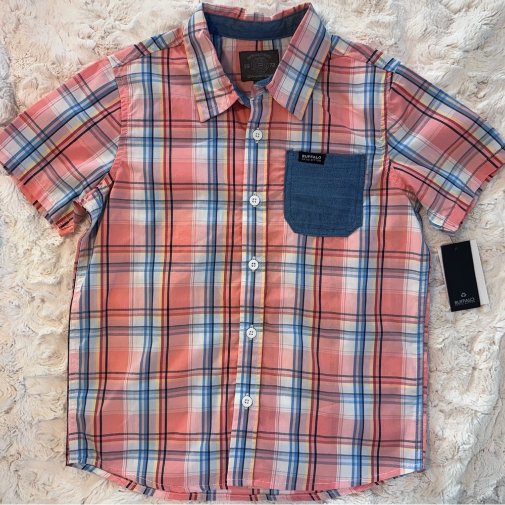 Buffalo David Bitton Coral and Navy Plaid Shirt